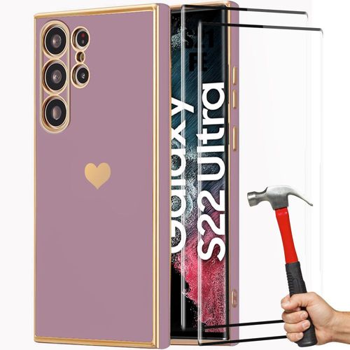 Coque + 2 Verres Trempés Pour Samsung Galaxy S22 Ultra, Protection Antichoc En Silicone Tpu, Motif De CUr Plaqué - Violet - E.F.Connection