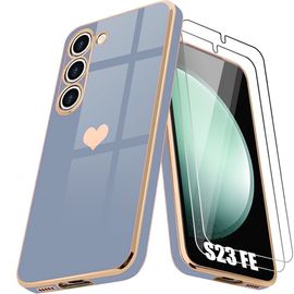Coque+ 2 Verres Trempés Pour Samsung Galaxy S23 Fe (Pas Pour S23), Bleu, Antichoc En Silicone Avec Motif DAmour Plaqué Or - E.F.Connection