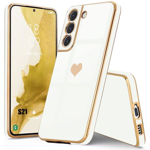 Coque Pour Samsung Galaxy S21, Blanc, Coque En Silicone Tpu Avec Motif DAmour CUr Doré Et Plaqué, Protection Antichoc - E.F.Connection