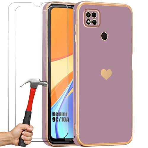 Coque + 2 Verres Trempés Pour Xiaomi Redmi 9c/10a - Violet - Antichoc En Silicone Avec Motif DAmour CUr Plaqué Et Doré - E.F.Connection