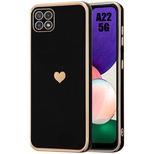 Coque pour Samsung Galaxy A22 5G - Noir - Antichoc en Silicone Liquide, Mode Luxe avec Motif d'Amour Doré et Plaqué - E.F.Connection