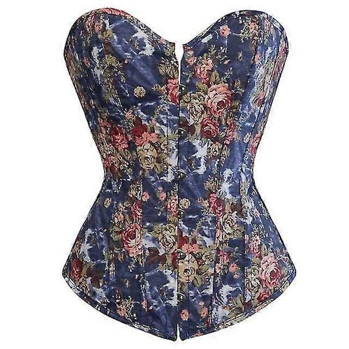 Evago Mode Floral Denim Corsets Plus La Taille Vintage Bustier Corset Overbust Burlesque Sexy Lingerie Taille Cincher Bodyshaper Tops-L-Adulte-Bleu-Femelle