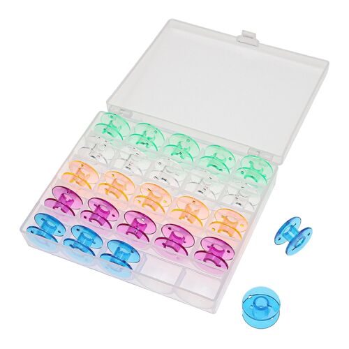 vhbw Boîte de rangement compatible avec Singer 1512 Promise II, 1525, 15-30, 15-125, 1507 canettes de machine à coudre - inclus canettes colorées