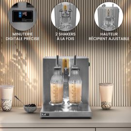 Shaker Bubble Tea Automatique en Inox - 120W 220V - 400 tours/min - Taille Gobelets 350 à 1000ml - 2 Tasses à la Fois - Mixeur Thé à Perles, Boissons à Emporter, Milkshake, boba tea, Iced Coffee Latte