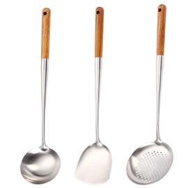 Ensemble D'outils Grattoir Et Cuillère À Fentes Pour Wok, Manche En Bois