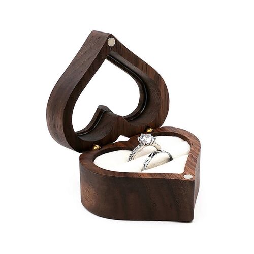 Boîte à anneau en bois massif en forme de coeur Velours Sac intérieur souple Sac de rangement pour bijoux