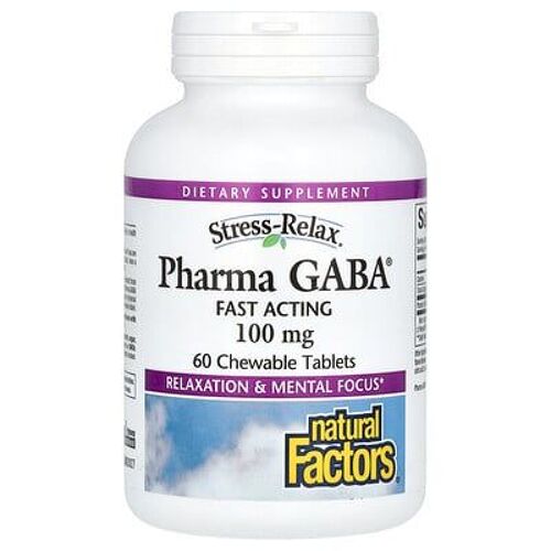 Natural Factors Stress-Relax, Pharma Gaba, 100 Mg, 60 Comprimés À Croquer (50 Mg Par Comprimé) 
