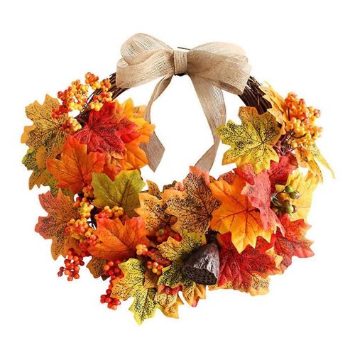 Couronne D'automne Couronne De Feuille D'érable Artificielle Avec Arc Pour Thanksgiving Halloween Festival Porte Fenêtre Décoration Murale