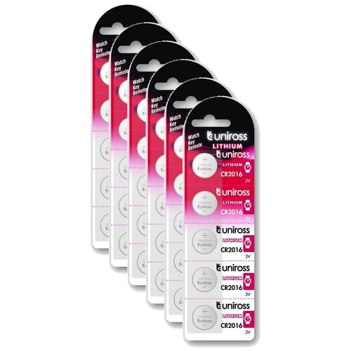 UNIROSS Lot de 6 Packs de 5 Piles Lithium CR2016, 3V