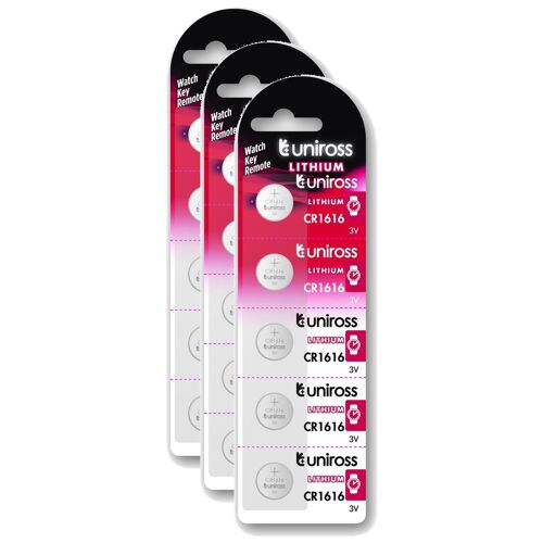 UNIROSS Lot de 3 Packs de 5 Piles Lithium CR1616, 3V