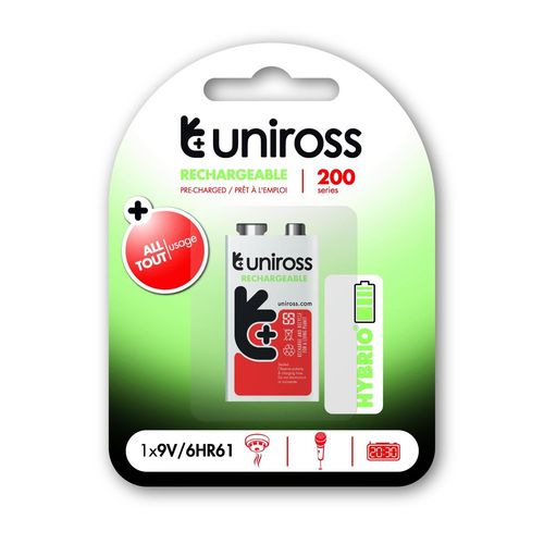 UNIROSS Pack de 1 9V 200 NIMH HYBRIO, 9V