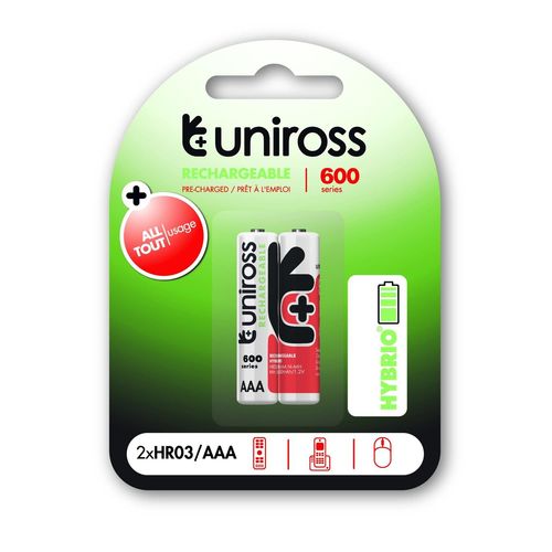 UNIROSS Pack de 2 Piles Rechargeable AAA/HR03 600 NIMH HYBRIO, 1.2V