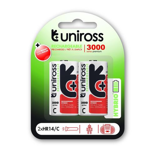 UNIROSS Pack de 2 Piles Rechargeable C/HR14 3000 NIMH HYBRIO, 1.2V