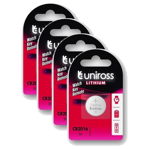 UNIROSS Lot de 4 Packs de 1 Pile Lithium CR2016, 3V