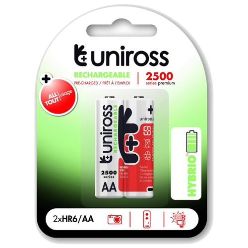 UNIROSS Pack de 2 Piles Rechargeable AA/HR6 2500 NIMH HYBRIO, 1.2V