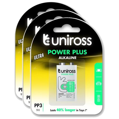 UNIROSS Lot de 3 Packs de 1 Pile Alcalines 6LR61 Power Plus 9V