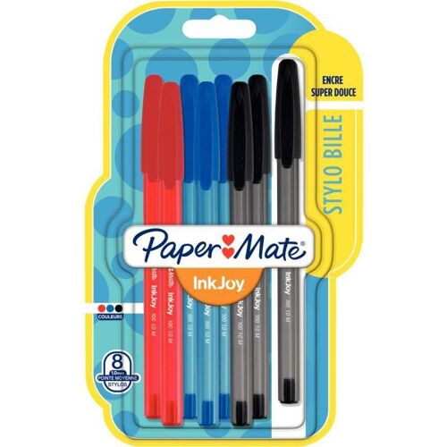Pochette De 8 Stylos Bille Papermate Inkjoy 100 Pointe Coloris Assortis Classique