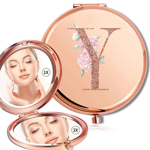 Miroir Rond De Maquillage Grossissant Double Face En Métal,Cosmétique,Aspect Portable,Verre,Compact,Motif De Lettres En Or Rose.Y. 
