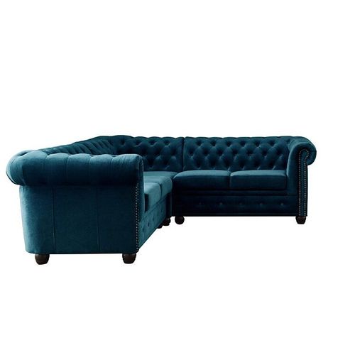 Canapé D'angle Chesterfield - Lisa Design - William - 5 Places - Velours - Bleu Canard