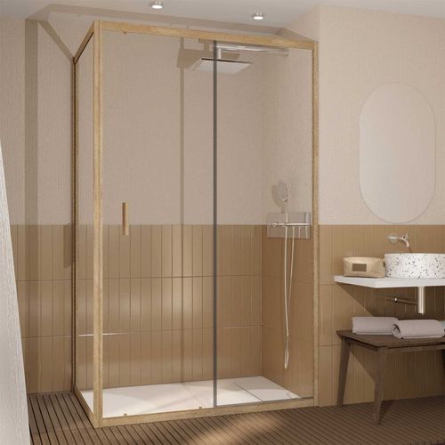 Porte de Douche Coulissante et Retour 120x90x200cm - Profilés Alu Effet Bois - Verre Trempé 6mm