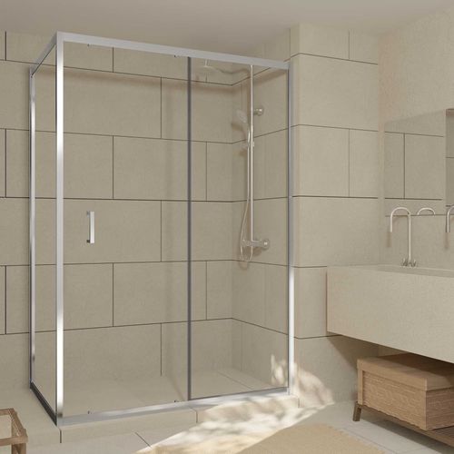 Porte de Douche Coulissante et Retour 140x80x200cm - Profilés Chrome - Verre trempé 6mm