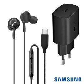 Chargeur Secteur 25w Original + Ecouteurs Filaires Usb-C Origine Akg Pour Samsung Galaxy A05 A05s A15 A23 5g A24 A25 A33 A34 A35 A52 A52s A53 A54 A55 M15 F15 S21 S22 S23 Fe S24 ¿