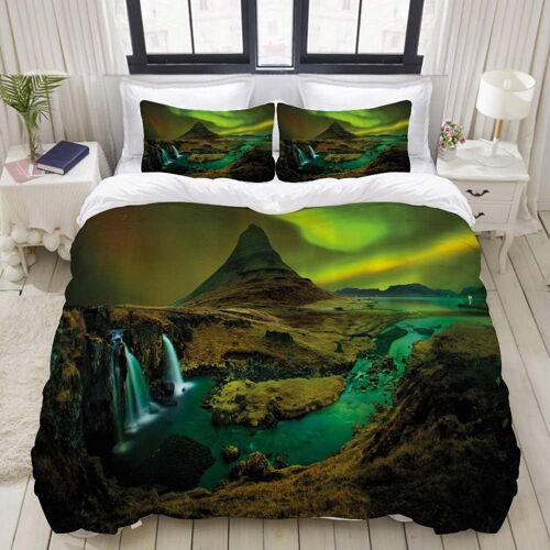 Aurora Borealis Pale Weather Sur Les Collines Avec Cascade Creek Nature Paysage£¬Parure De Lit Pou Housse De Couette (X) Et Taies D'oreiller P