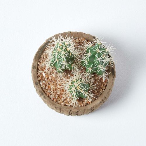 Arrangement mini Cactus artificiels "Echinocactus" en pot effet bois 15 cm