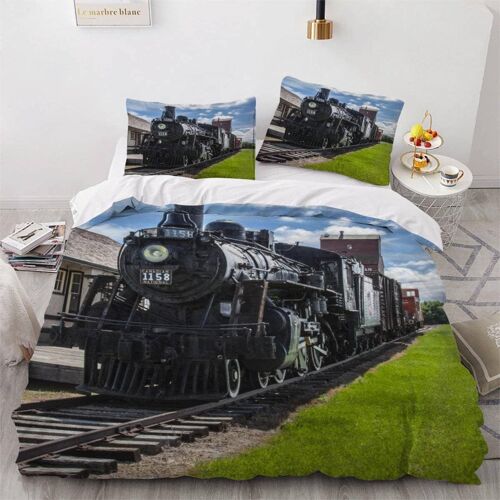 Housse De Couette Train R¿¿Tro X Imprim¿¿ D Locomotive ¿¿ Vapeur Parure De Lit Personnes Hypoallergique Microfibre Literie Pi¿¿Ces Avec Fermeture ¿¿Clair