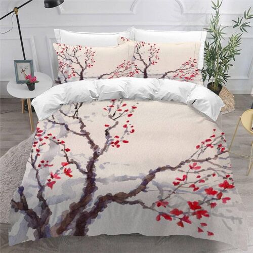Fleur De Prunier De Printemps Housse De Couette X Imprim¿¿ D Aquarelle Parure De Lit Personnes Adultes Enfants Microfibre Literie Pi¿¿Ces Avec Fermetu