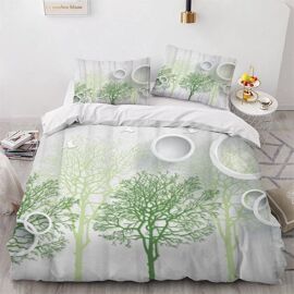 Housse De Couette Arbres Verts X Imprim¿¿ D Blanc Parure De Lit Personnes Hypoallergique Microfibre Literie Pi¿¿Ces Avec Fermeture ¿¿Clair Et T