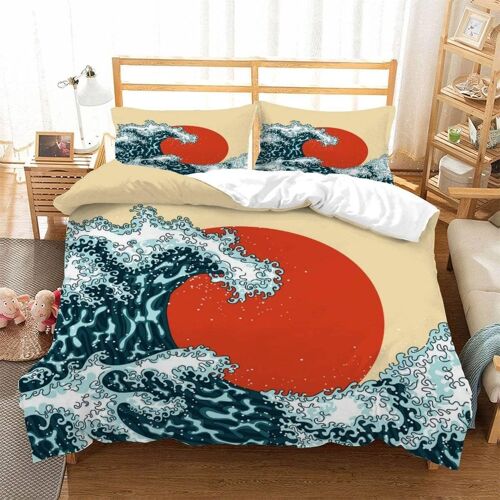 Housse De Couette Japon X Imprim¿¿ D Soleil Vagues Parure De Lit Personnes Hypoallergique Microfibre Literie Pi¿¿Ces Avec Fermeture ¿¿Clair Et Taies D