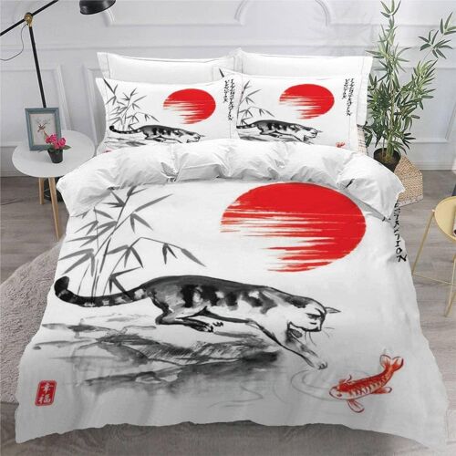 Housse De Couette Japon X Imprim¿¿ D Chat Du Soleil Parure De Lit Personnes Hypoallergique Microfibre Literie Pi¿¿Ces Avec Fermeture ¿¿Clair Et