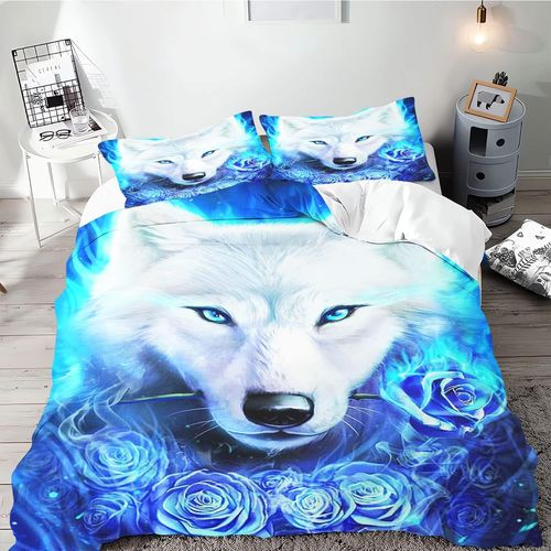 Galaxy Wolf Parure De Lit Simple Avec Housse De Couette Pour Adolescents, Motif Loup, Noir, Bleu Clair De Lune Et ¿¿Toiles D, , X Cm