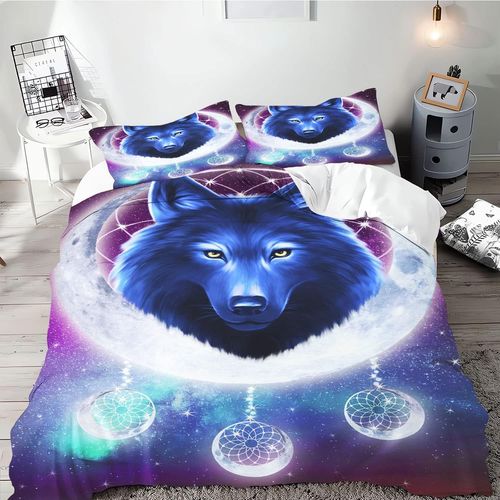 Galaxy Wolf Parure De Lit Simple Avec Housse De Couette Pour Adolescents, Motif Loup, Noir, Bleu Clair De Lune Et ¿¿Toiles D, , X Cm