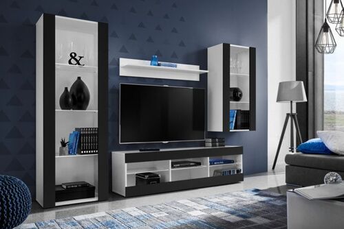 Meuble TV Tivoli Set Medio Komodee - sans LED - Noir Mat & Blanc - Façades en Mat - L 195cm x H 159cm x P35cm