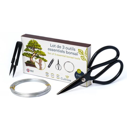 CULTIVEA® Lot de 3 outils essentiels bonsaï ? Outil en acier - entretien bonsaïs et plantes - Ciseaux ronds - Fil aluminium