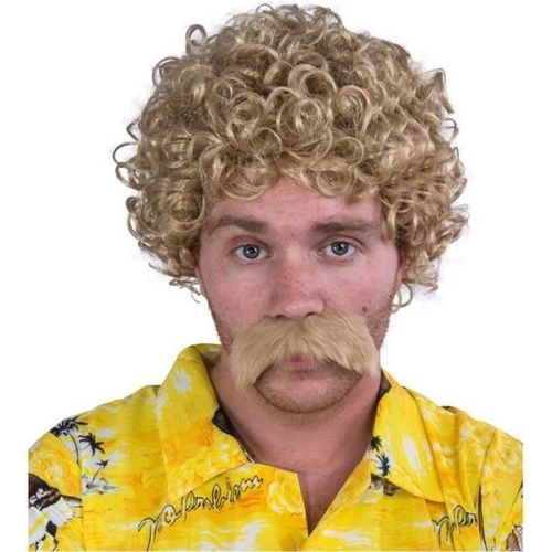 Déguisement - Ptit Clown - Perruque Et Moustache Courte Frisée Homme Lucien - Couleur Marron - Style Année 70