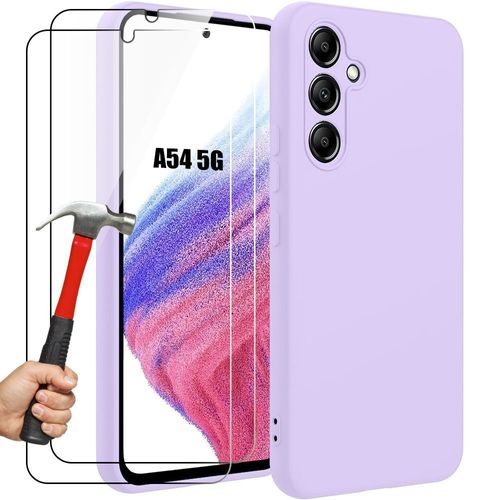 Coque Pour Samsung Galaxy A54 5g - Protection Silicone Liquide Violet Mat Anti-Rayures + 2 Verres Trempés - Booling