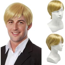 Kalanka-Court Perruque Blond Pour Hommes, Naturel Couche Perruque Avec Frange Synthétiques Homme Cheveux Court Perruque Cosplay, Blonde Perruques Pour Hommes Halloween Costume Fête Quotidien (Blond)