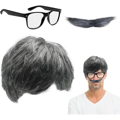 Kalanka-3 Pièces Ensemble De Perruque De Grand Père Moustache Lunette Perruque Homme Old Man Perruque Gris Accessoires Costume Homme Perruque Déguisement Pour Halloween Carnaval Fêtes Cosplay(3 Pcs)