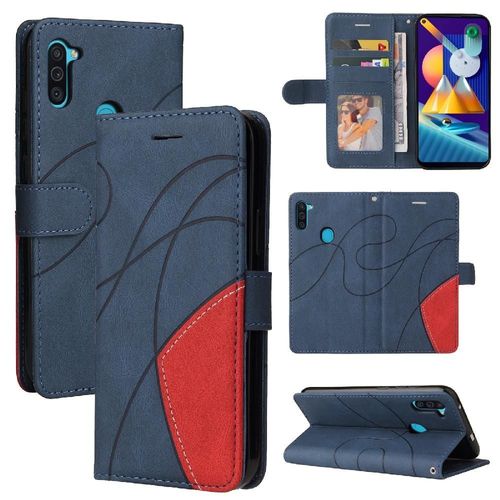 Étui Pour Samsung Galaxy M11 Couture À Deux Couleurs Coque Flip Folio En Cuir Pu Bicelle De Protection Avec Support De Fente Pour Carte - Bleu