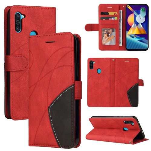 Étui Pour Samsung Galaxy M11 Couture À Deux Couleurs Coque Flip Folio En Cuir Pu Bicelle De Protection Avec Support De Fente Pour Carte - Rouge