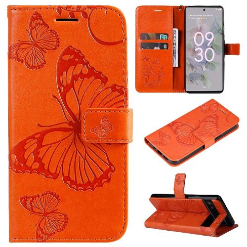 Étui Pour De Téléphone Google Pixel 6a Cuir Pu Flip Kickband Couverture Antichoc Couverture Magnétique Avec Support De Fente Pour Carte - Orange