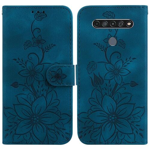 Compatible Avec Le Cas De Lg K61 Titulaire De La Carte Magnétique Portefeuille Bicelle Lily En Relief - Bleu Foncé