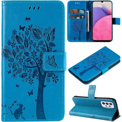 KAL-Coque Compatible Avec Samsung Galaxy A33 5G - Cuir Flip Étui/Portefeuille Case Cover Housse Tpu Silicone - Arbre Et Chat - Bleu