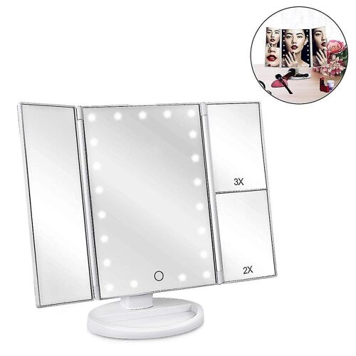 Miroir De Maquillage 22 Led Avec Grossissement 2x/3x, Pliable En Trois Parties, Alimenté Par Usb Et Piles, Éclairage Réglable