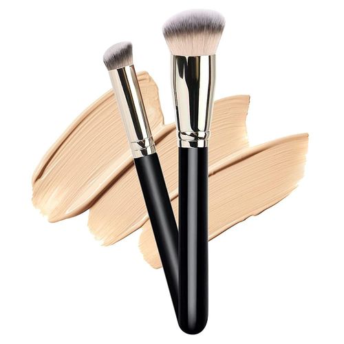Lot De 2 Pinceaux De Maquillage : Un Pinceau À Fond De Teint Rond Et Incliné Et Un Pinceau Anti-Cernes Biseauté Pour Une Application Impeccable 