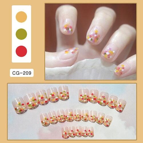 Faux Ongles Carrés Courts Et Tendance À Pois Colorés - Faux Ongles Adhésifs En Acrylique Durable Et Couvrant 