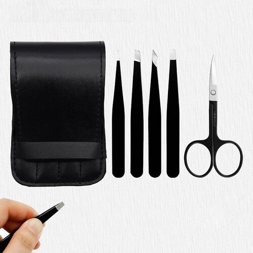 Ensemble De Pinces À Sourcils En Acier Inoxydable De Qualité Supérieure Pour Hommes Et Femmes ¿ Kit De Toilettage 5 Pièces Dans Un Élégant Étui En Cuir